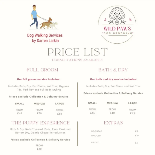 At Dog Walking Services by Darren Larkin, our business likes to go over and beyond the services we offer.

We have partnered with Wild Paws Dog Grooming, a professional one-to-one dog grooming salon with over 14 years of experience.

With a personalised collection and delivery service offered by Dog Walking Services, this free’s up your time, eliminates your travel so you can go about your daily routine while your dog receives a first-class service.

Kerry our groomer is an experienced, fully insured dog groomer and lifelong dog lover, who specialises in stress-free grooming, giving every dog their full attention from start to finish. 

Whether your dog needs a full groom, bath, de-shed, or a gentle puppy introduction, you can trust they’re in safe, caring hands.

For more information please follow the link below...

https://www.dogwalkingservicesdarrenlarkin.co.uk/dog-grooming/